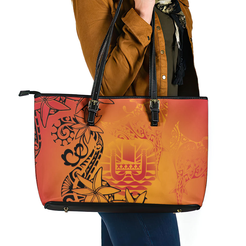 French Polynesia Manta Ray Tattoo Leather Tote Bag Tahiti Hahalua Tiare Maori Gradient Style