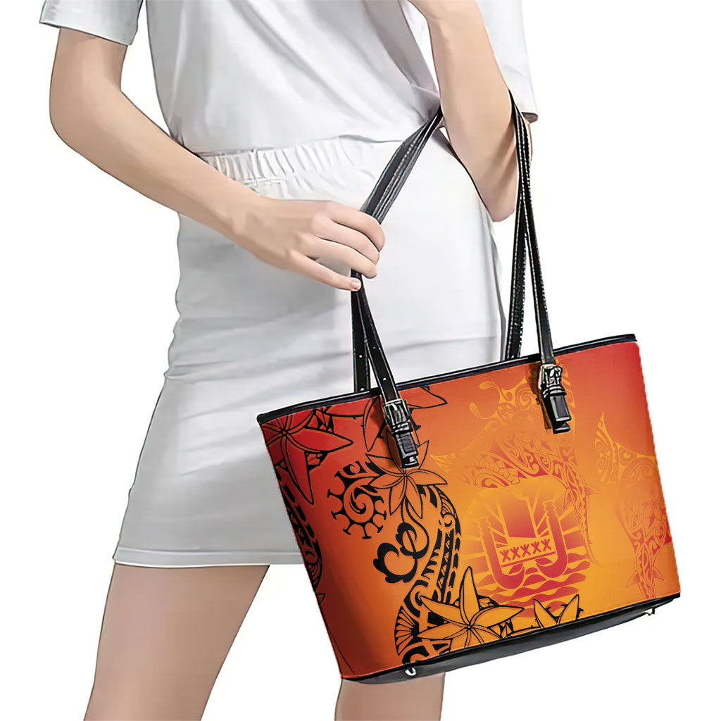 French Polynesia Manta Ray Tattoo Leather Tote Bag Tahiti Hahalua Tiare Maori Gradient Style