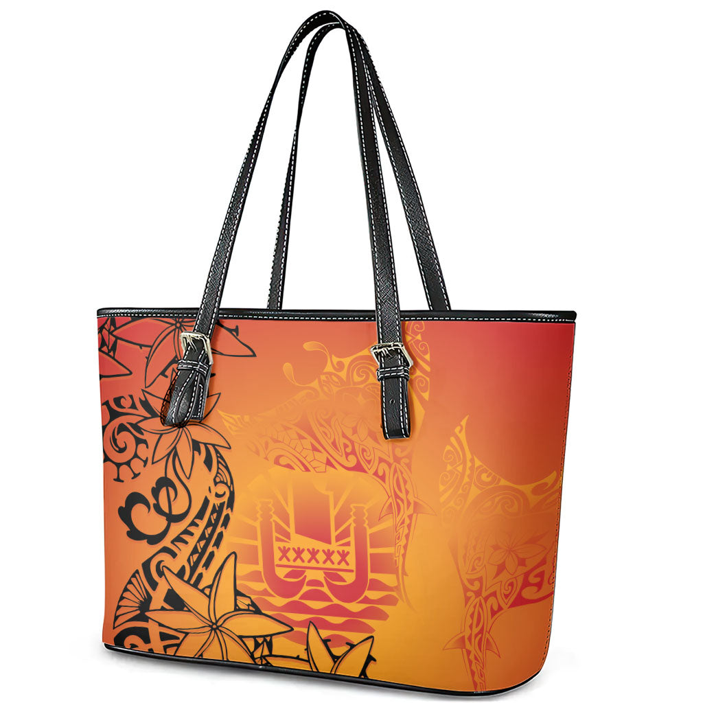 French Polynesia Manta Ray Tattoo Leather Tote Bag Tahiti Hahalua Tiare Maori Gradient Style