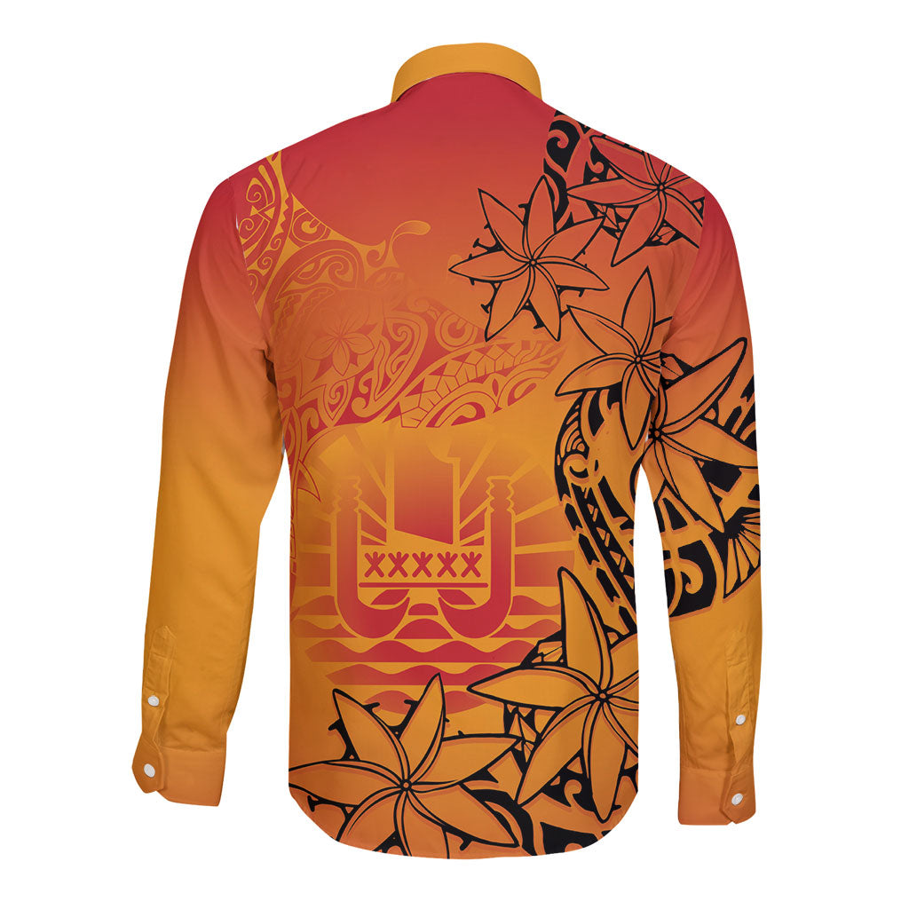 French Polynesia Manta Ray Tattoo Long Sleeve Button Shirt Tahiti Hahalua Tiare Maori Gradient Style LT14 - Polynesian Pride