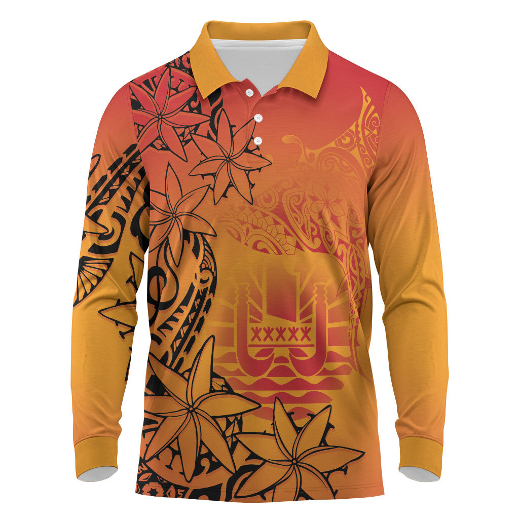 French Polynesia Manta Ray Tattoo Long Sleeve Polo Shirt Tahiti Hahalua Tiare Maori Gradient Style LT14 Orange - Polynesian Pride