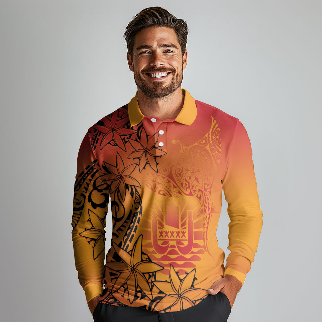 French Polynesia Manta Ray Tattoo Long Sleeve Polo Shirt Tahiti Hahalua Tiare Maori Gradient Style LT14 - Polynesian Pride