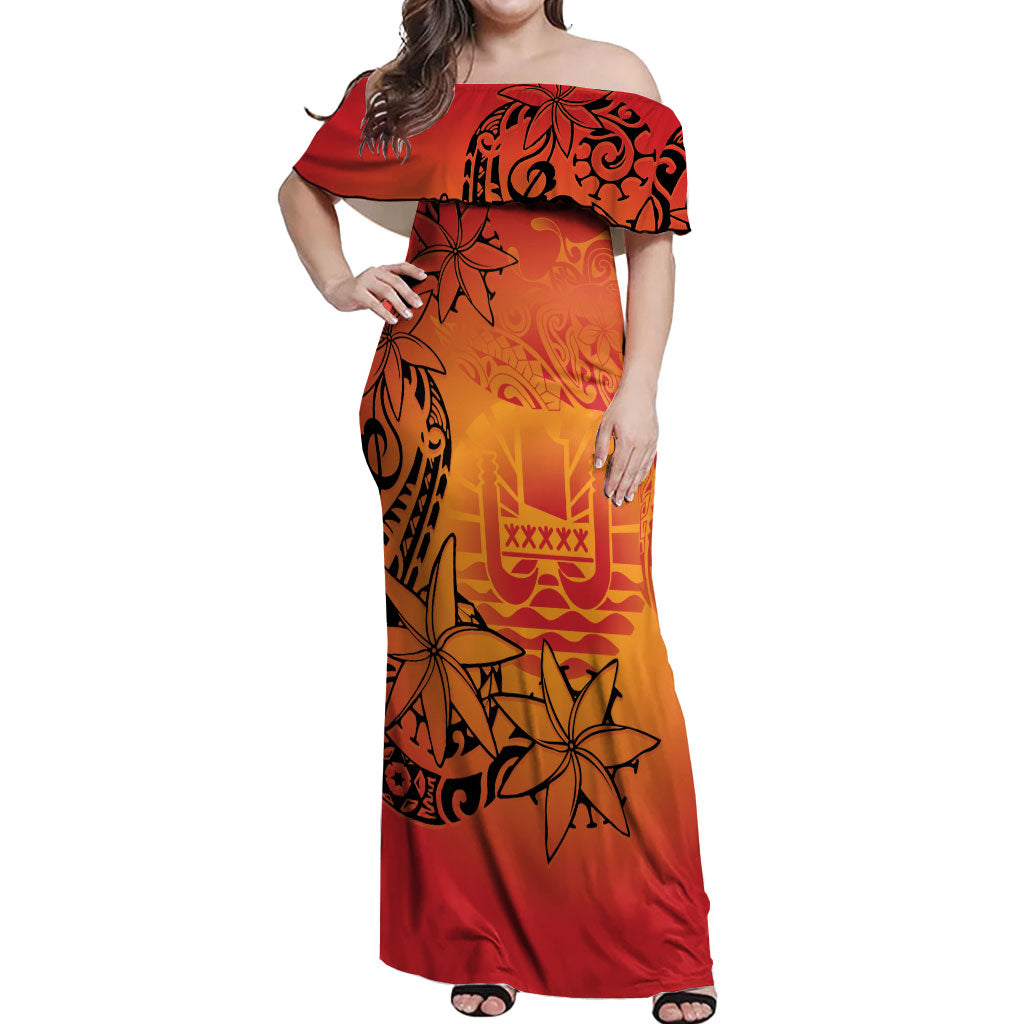 French Polynesia Manta Ray Tattoo Off Shoulder Maxi Dress Tahiti Hahalua Tiare Maori Gradient Style LT14 Women Orange - Polynesian Pride