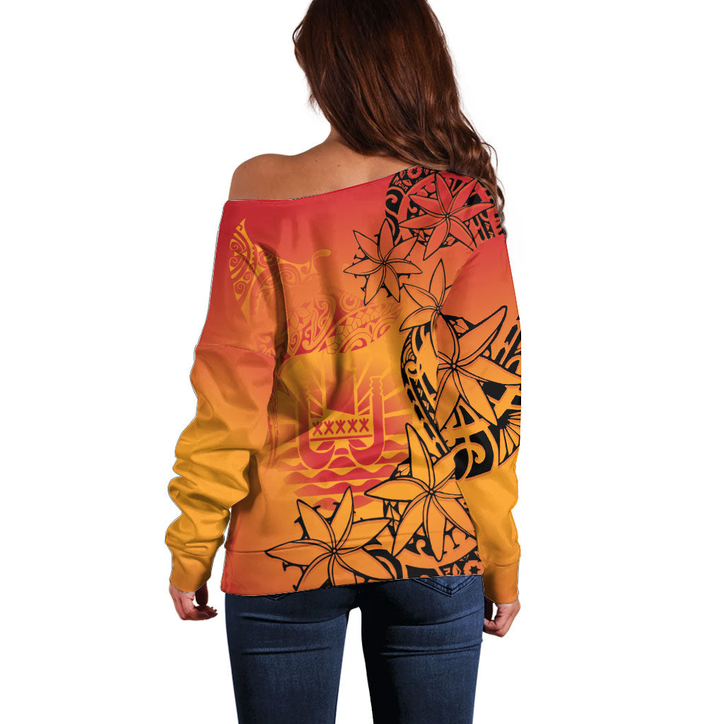 French Polynesia Manta Ray Tattoo Off Shoulder Sweater Tahiti Hahalua Tiare Maori Gradient Style LT14 - Polynesian Pride