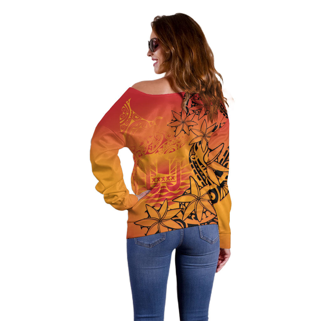 French Polynesia Manta Ray Tattoo Off Shoulder Sweater Tahiti Hahalua Tiare Maori Gradient Style LT14 - Polynesian Pride