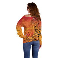 French Polynesia Manta Ray Tattoo Off Shoulder Sweater Tahiti Hahalua Tiare Maori Gradient Style LT14 - Polynesian Pride