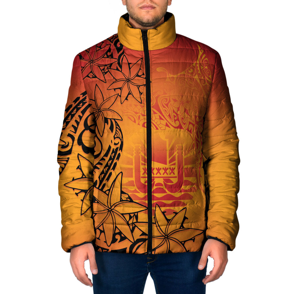 French Polynesia Manta Ray Tattoo Padded Jacket Tahiti Hahalua Tiare Maori Gradient Style