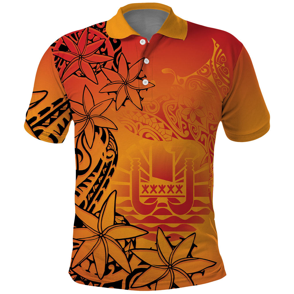 French Polynesia Manta Ray Tattoo Polo Shirt Tahiti Hahalua Tiare Maori Gradient Style LT14 Orange - Polynesian Pride