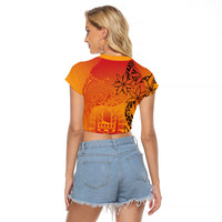 French Polynesia Manta Ray Tattoo Raglan Cropped T Shirt Tahiti Hahalua Tiare Maori Gradient Style