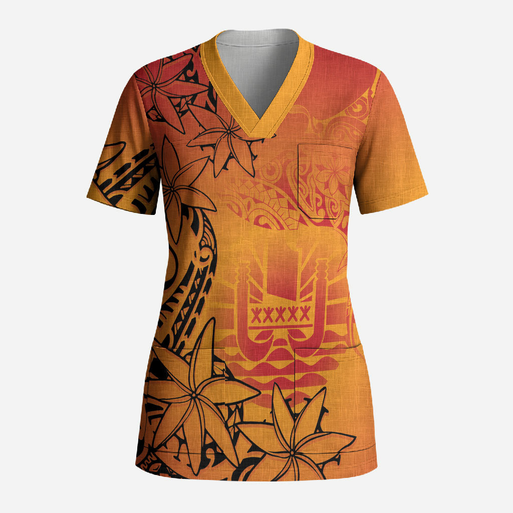 French Polynesia Manta Ray Tattoo Scrub Top Tahiti Hahalua Tiare Maori Gradient Style LT14 Adult Orange - Polynesian Pride