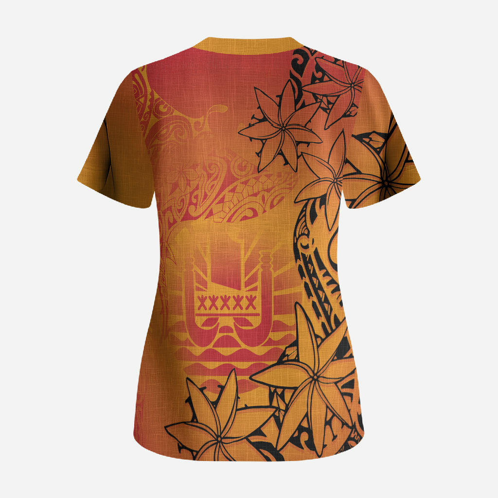 French Polynesia Manta Ray Tattoo Scrub Top Tahiti Hahalua Tiare Maori Gradient Style LT14 - Polynesian Pride