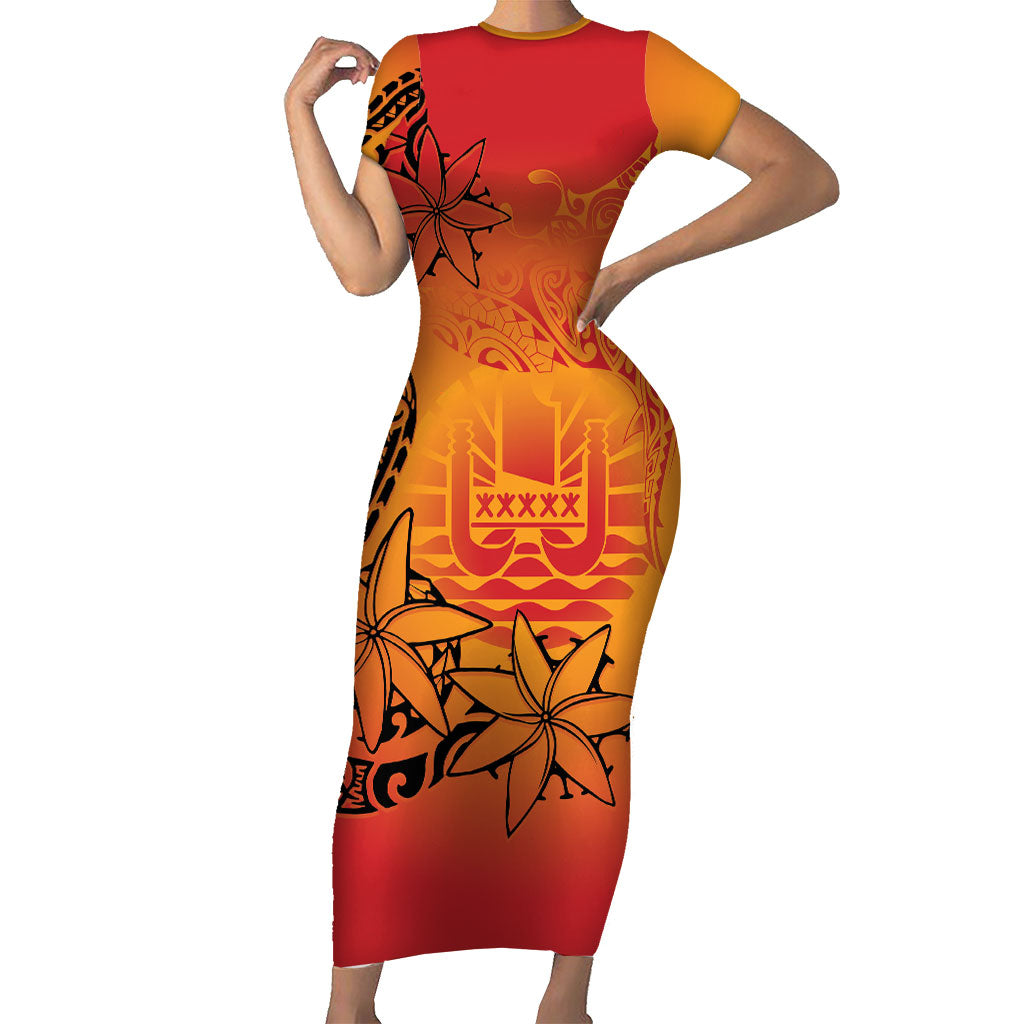 French Polynesia Manta Ray Tattoo Short Sleeve Bodycon Dress Tahiti Hahalua Tiare Maori Gradient Style
