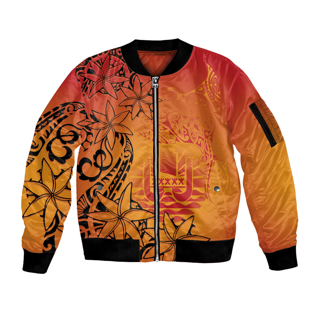 French Polynesia Manta Ray Tattoo Sleeve Zip Bomber Jacket Tahiti Hahalua Tiare Maori Gradient Style LT14 Unisex Orange - Polynesian Pride