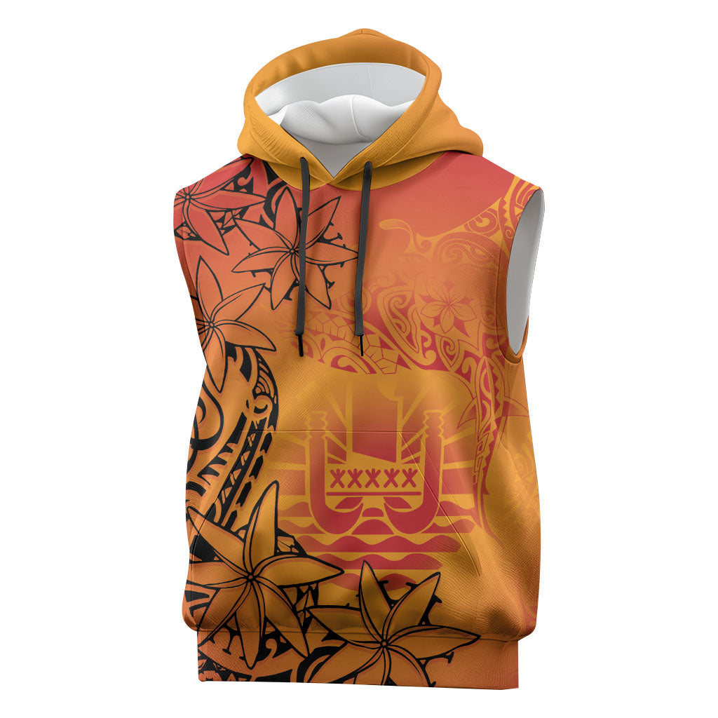 French Polynesia Manta Ray Tattoo Sleeveless Hoodie Tahiti Hahalua Tiare Maori Gradient Style