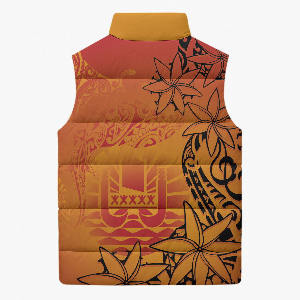 French Polynesia Manta Ray Tattoo Sleeveless Puffer Jacket Tahiti Hahalua Tiare Maori Gradient Style