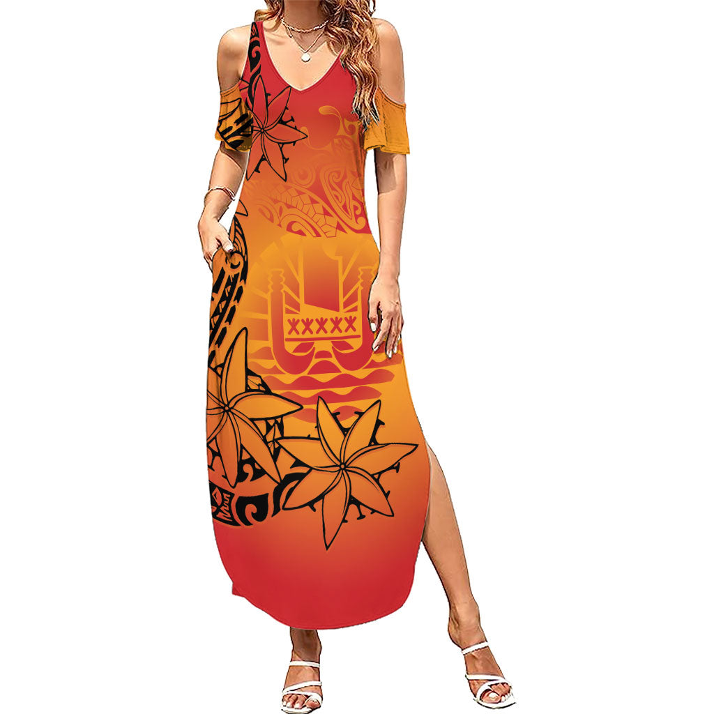 French Polynesia Manta Ray Tattoo Summer Maxi Dress Tahiti Hahalua Tiare Maori Gradient Style LT14 Women Orange - Polynesian Pride