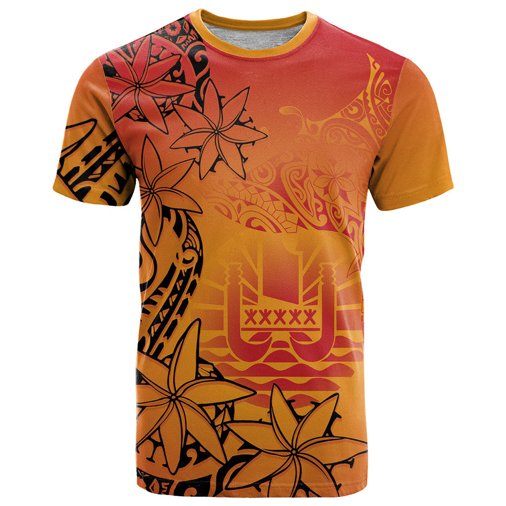 French Polynesia Manta Ray Tattoo T Shirt Tahiti Hahalua Tiare Maori Gradient Style LT14 Orange - Polynesian Pride