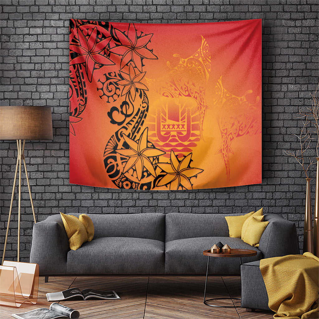French Polynesia Manta Ray Tattoo Tapestry Tahiti Hahalua Tiare Maori Gradient Style