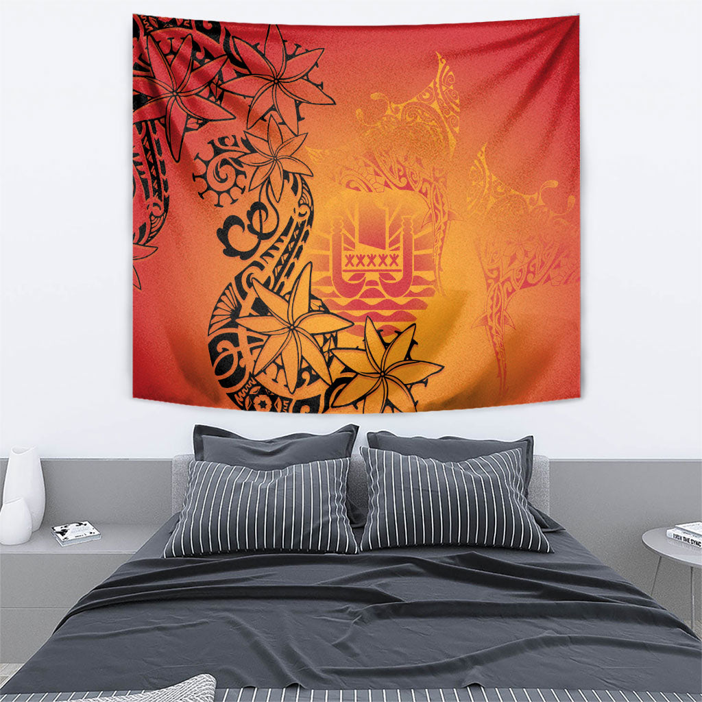 French Polynesia Manta Ray Tattoo Tapestry Tahiti Hahalua Tiare Maori Gradient Style