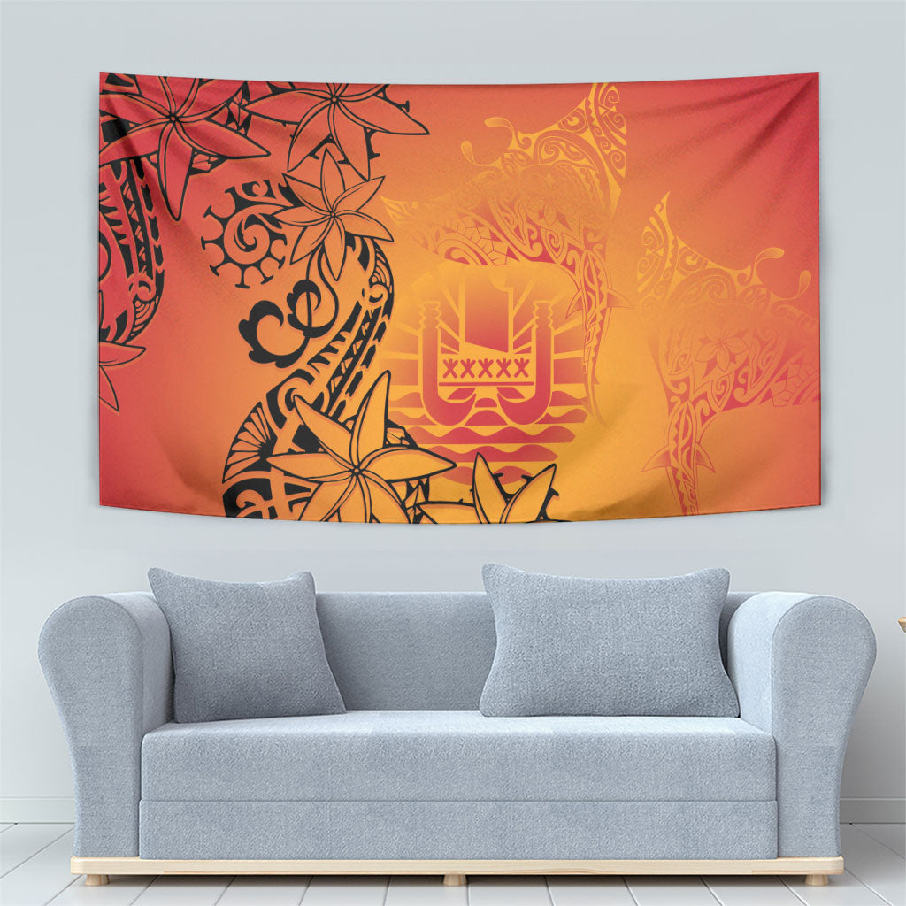 French Polynesia Manta Ray Tattoo Tapestry Tahiti Hahalua Tiare Maori Gradient Style