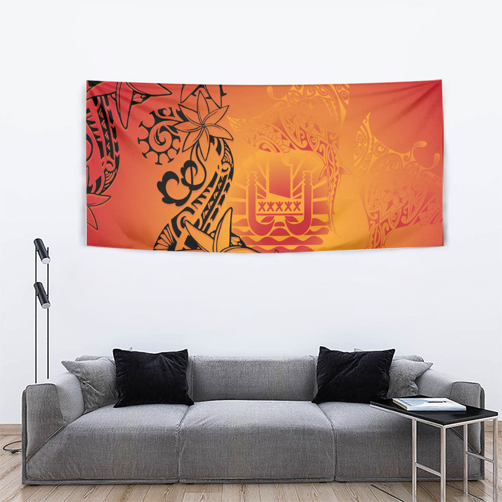 French Polynesia Manta Ray Tattoo Tapestry Tahiti Hahalua Tiare Maori Gradient Style