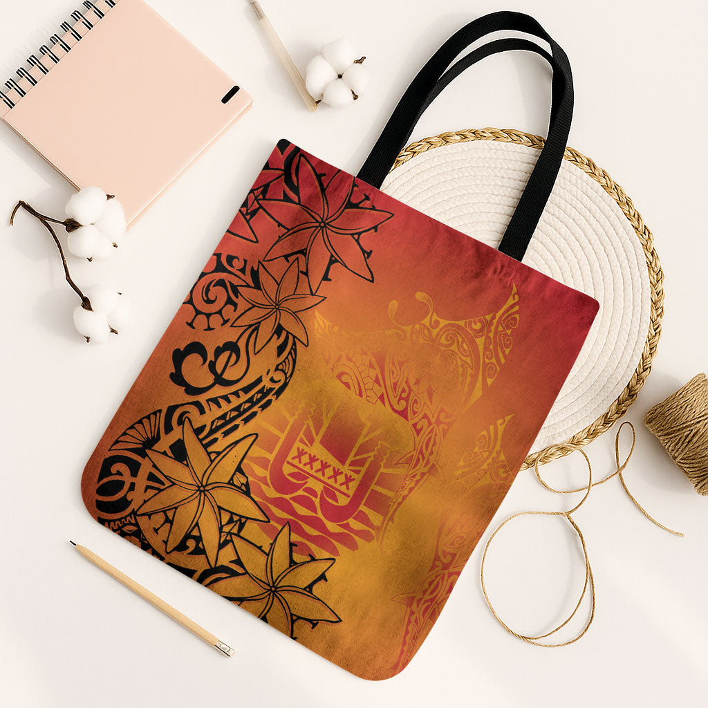 French Polynesia Manta Ray Tattoo Tote Bag Tahiti Hahalua Tiare Maori Gradient Style LT14 Black Strap One Size Orange - Polynesian Pride