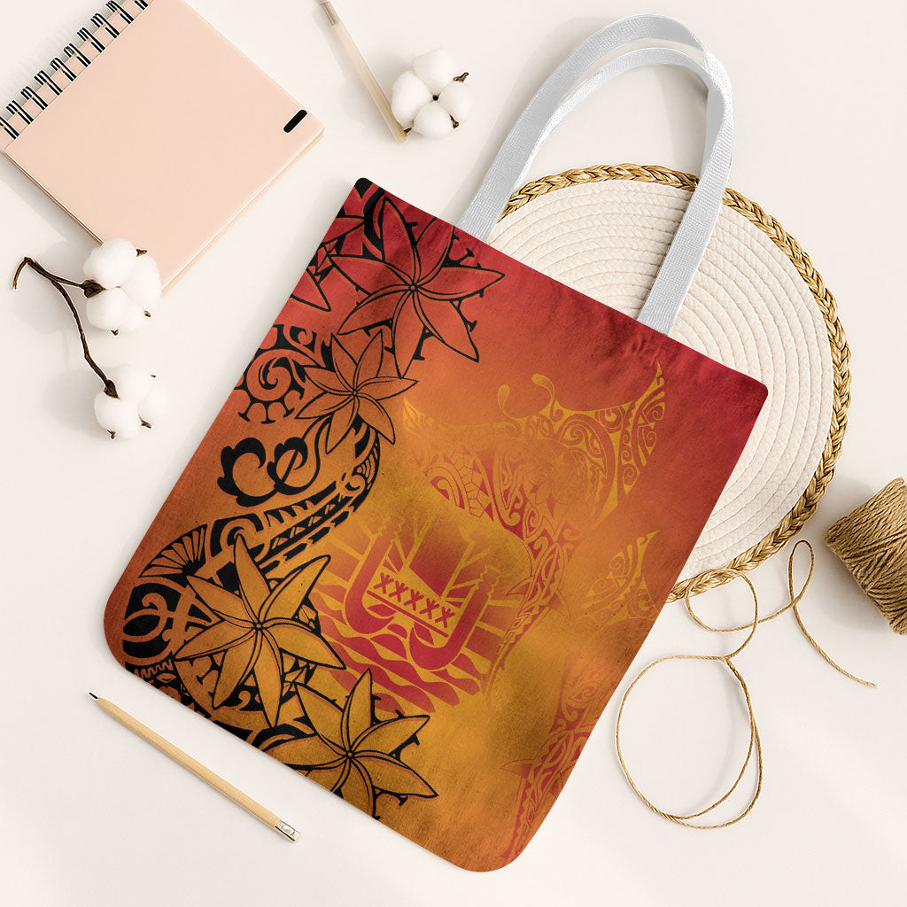 French Polynesia Manta Ray Tattoo Tote Bag Tahiti Hahalua Tiare Maori Gradient Style LT14 White Strap One Size Orange - Polynesian Pride