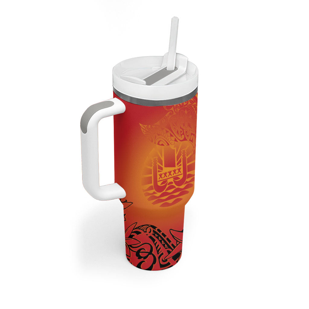 French Polynesia Manta Ray Tattoo Tumbler With Handle Tahiti Hahalua Tiare Maori Gradient Style LT14 - Polynesian Pride