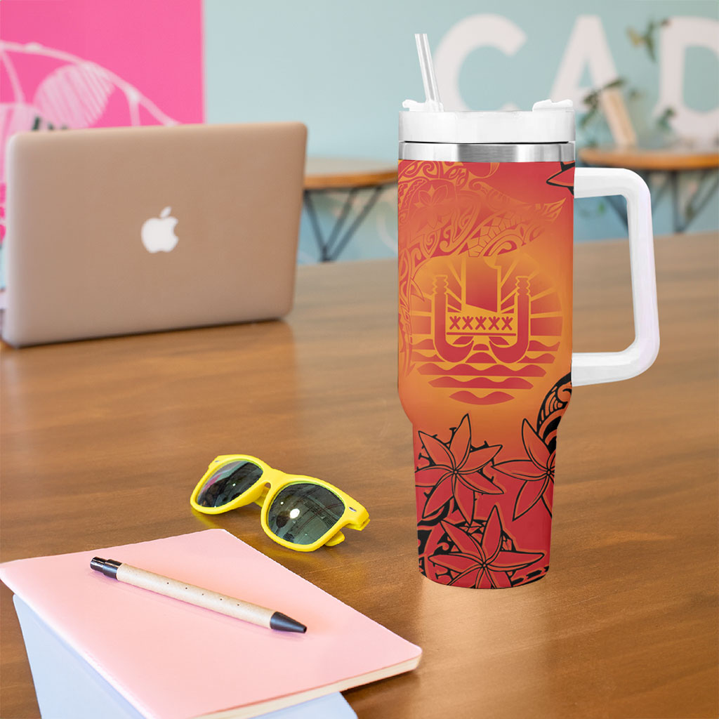French Polynesia Manta Ray Tattoo Tumbler With Handle Tahiti Hahalua Tiare Maori Gradient Style LT14 - Polynesian Pride
