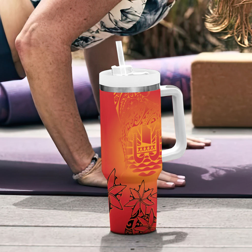 French Polynesia Manta Ray Tattoo Tumbler With Handle Tahiti Hahalua Tiare Maori Gradient Style LT14 - Polynesian Pride