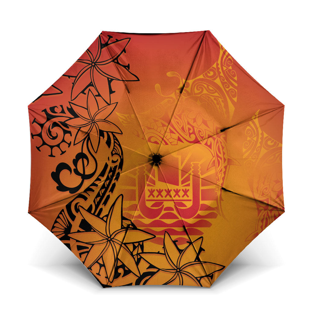 French Polynesia Manta Ray Tattoo Umbrella Tahiti Hahalua Tiare Maori Gradient Style LT14 One Size Folded 11.42 inch Opened Diameter 37.4 inch Orange - Polynesian Pride