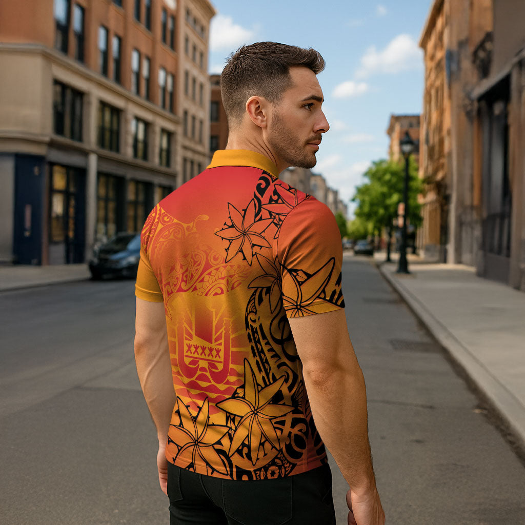 French Polynesia Manta Ray Tattoo Zipper Polo Shirt Tahiti Hahalua Tiare Maori Gradient Style LT14 - Polynesian Pride
