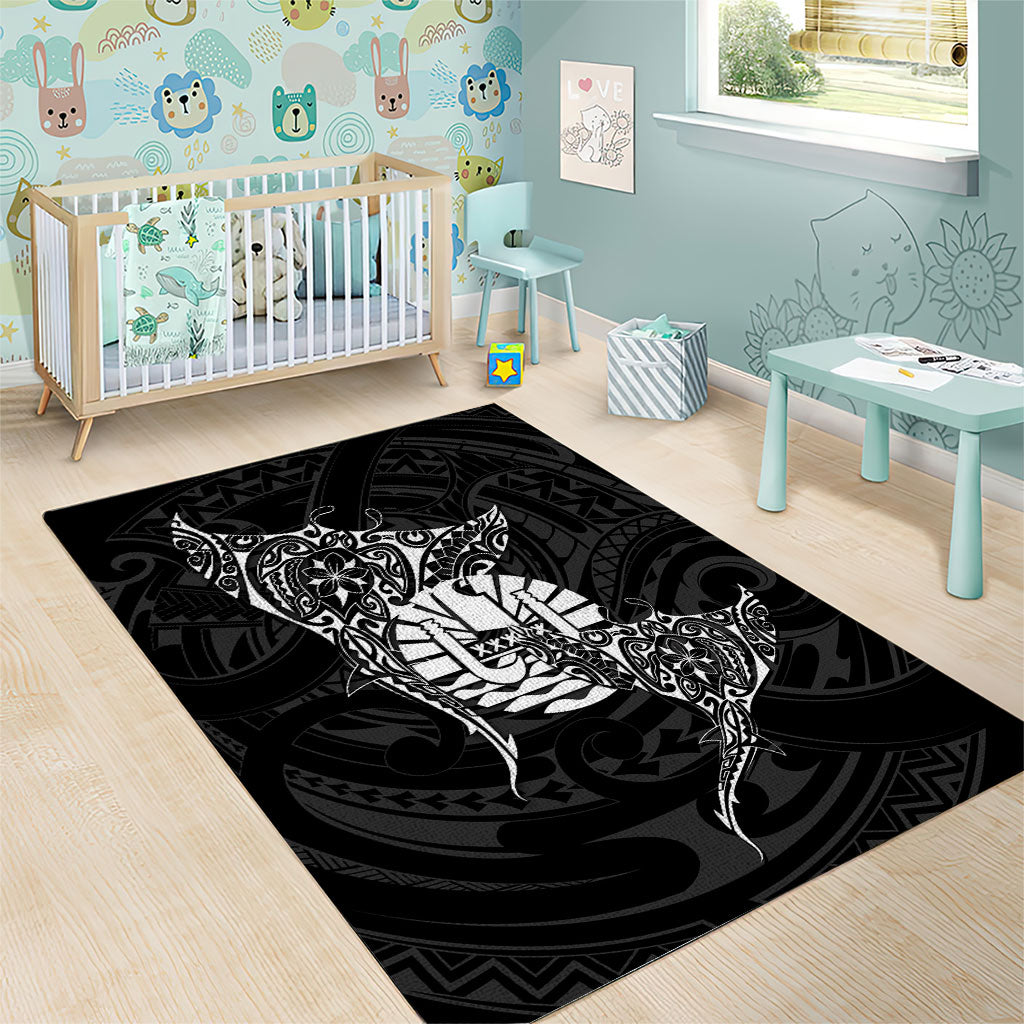 French Polynesia Manta Ray Tattoo Area Rug Tahiti Hahalua Turtle Shark Black Color LT14 - Polynesian Pride