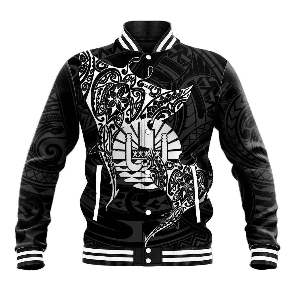 French Polynesia Manta Ray Tattoo Baseball Jacket Tahiti Hahalua Turtle Shark Black Color LT14 Unisex Black - Polynesian Pride