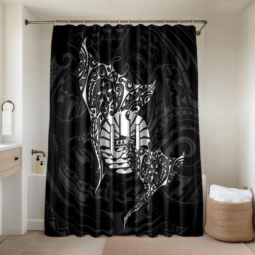 French Polynesia Manta Ray Tattoo Bathroom Set Tahiti Hahalua Turtle Shark Black Color LT14 Shower Curtain Only Black - Polynesian Pride