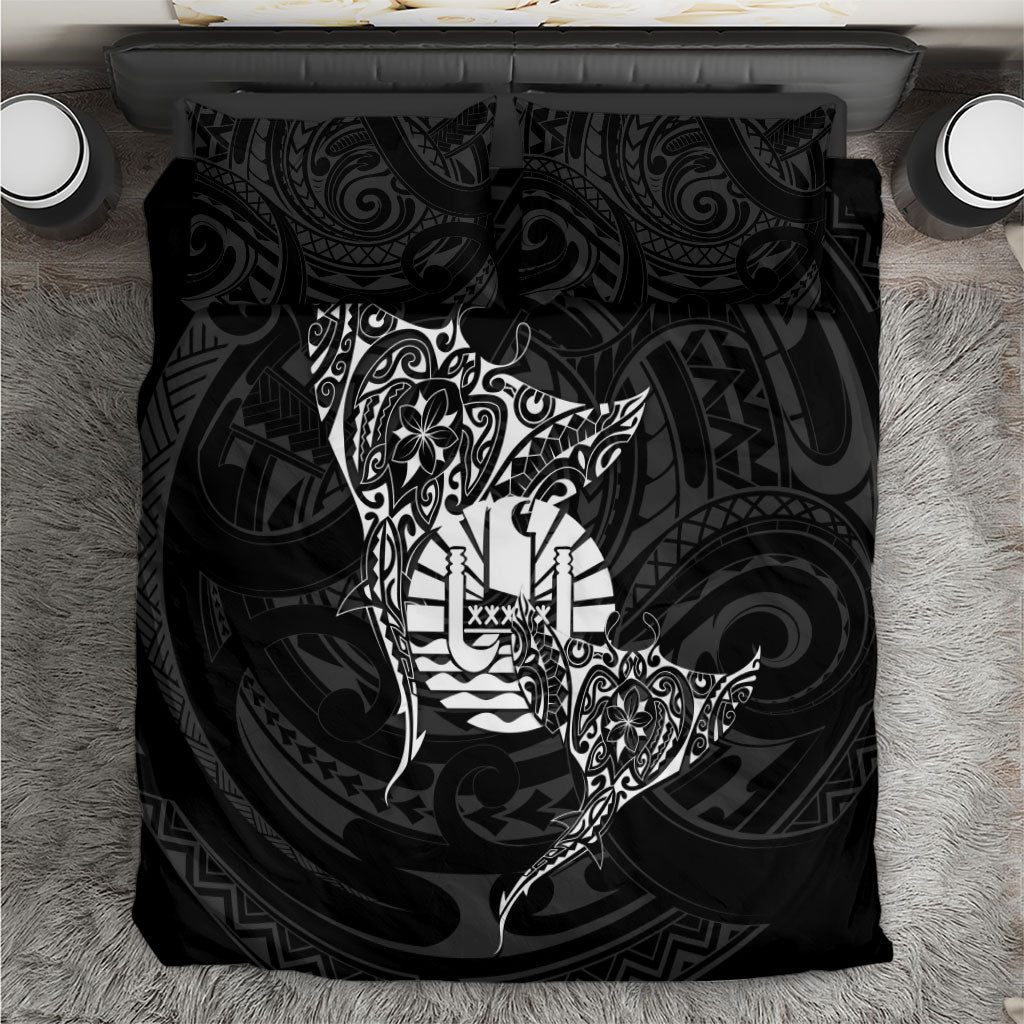 French Polynesia Manta Ray Tattoo Bedding Set Tahiti Hahalua Turtle Shark Black Color