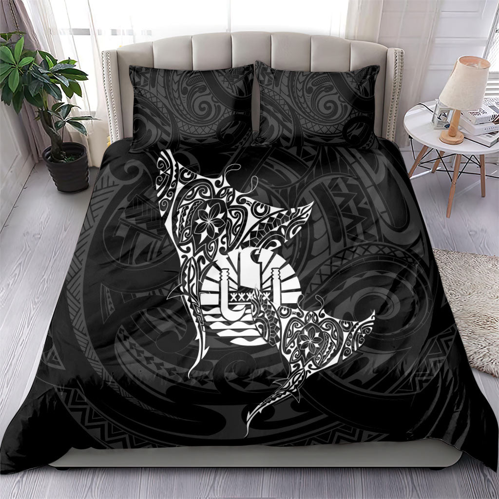 French Polynesia Manta Ray Tattoo Bedding Set Tahiti Hahalua Turtle Shark Black Color