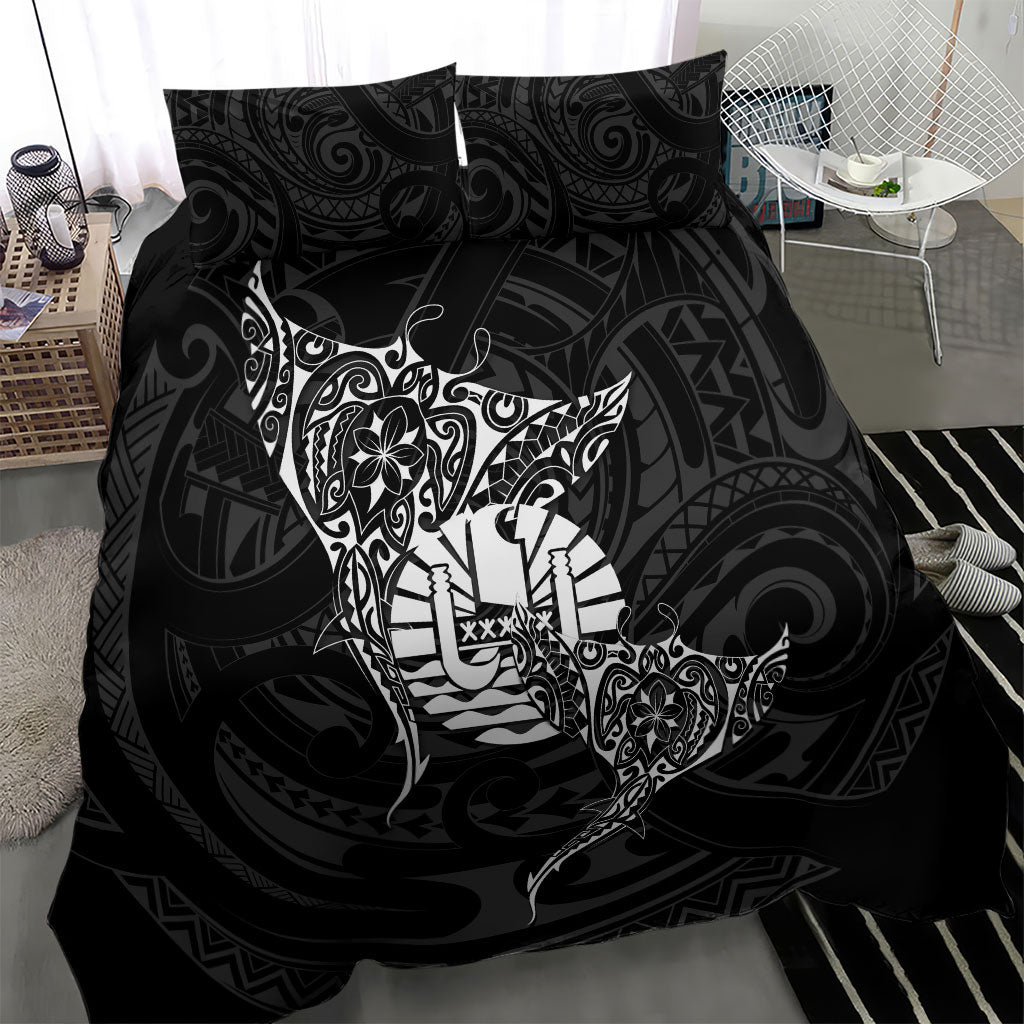 French Polynesia Manta Ray Tattoo Bedding Set Tahiti Hahalua Turtle Shark Black Color