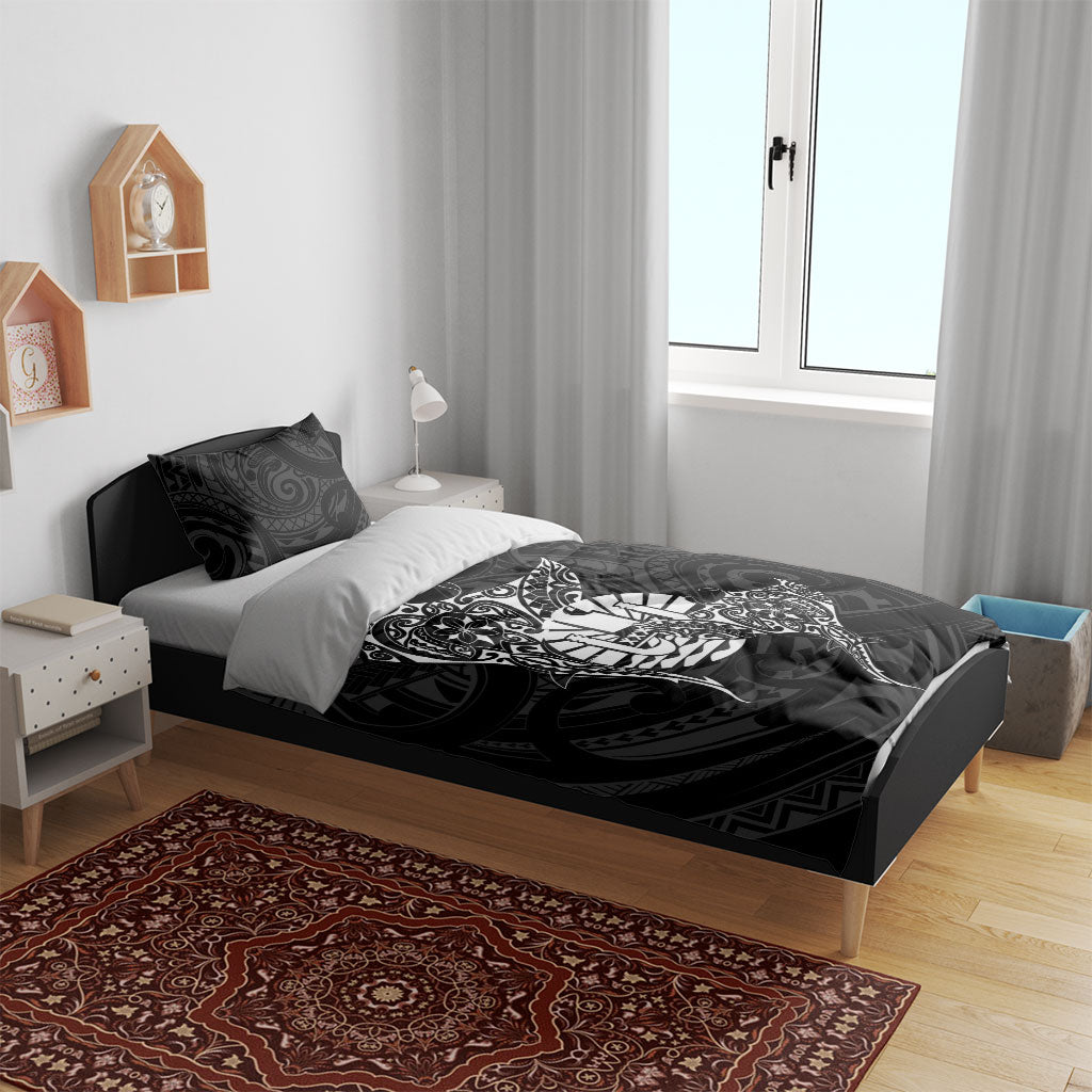 French Polynesia Manta Ray Tattoo Bedding Set Tahiti Hahalua Turtle Shark Black Color