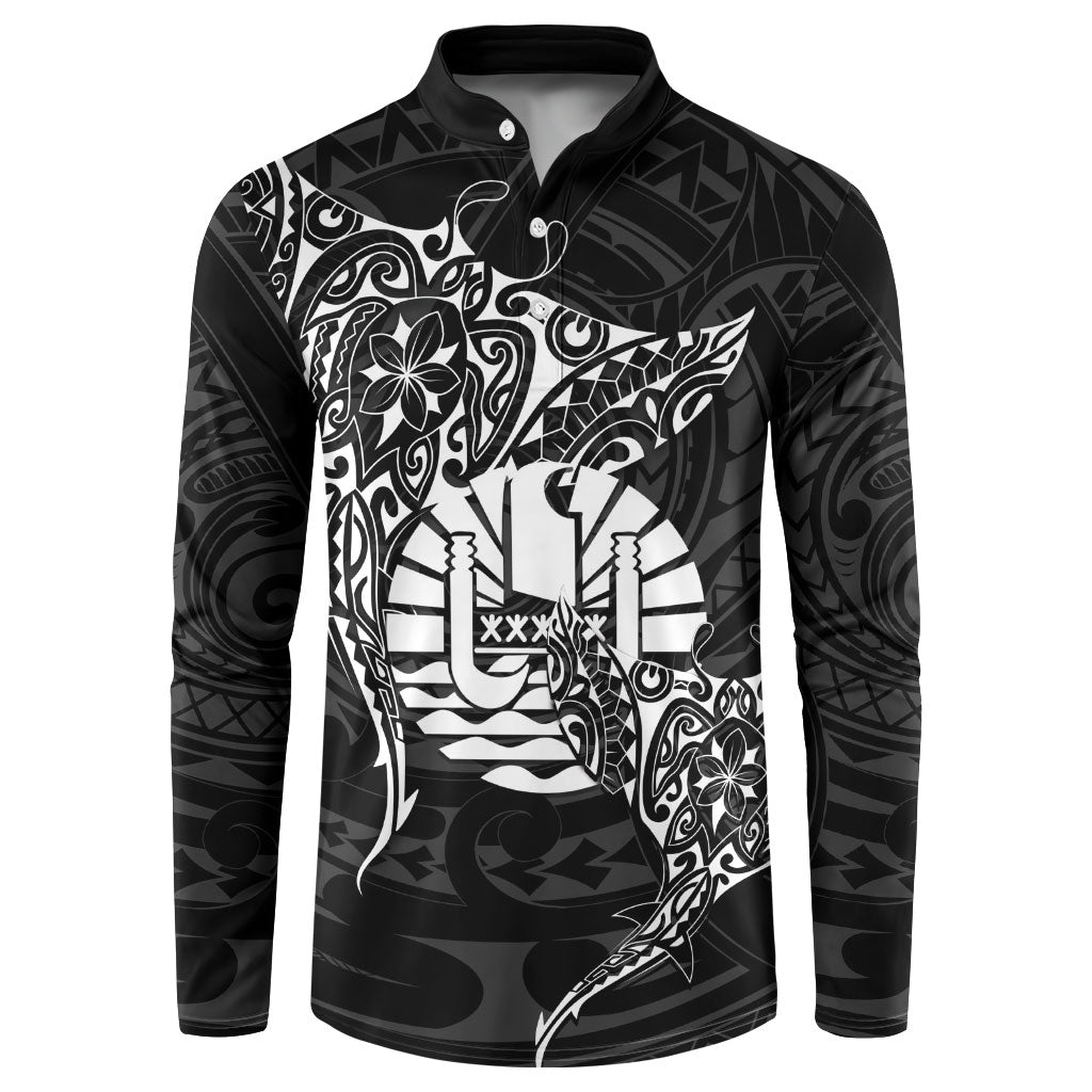 French Polynesia Manta Ray Tattoo Button Sweatshirt Tahiti Hahalua Turtle Shark Black Color LT14 Black - Polynesian Pride