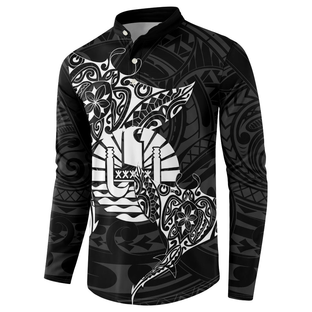 French Polynesia Manta Ray Tattoo Button Sweatshirt Tahiti Hahalua Turtle Shark Black Color LT14 - Polynesian Pride