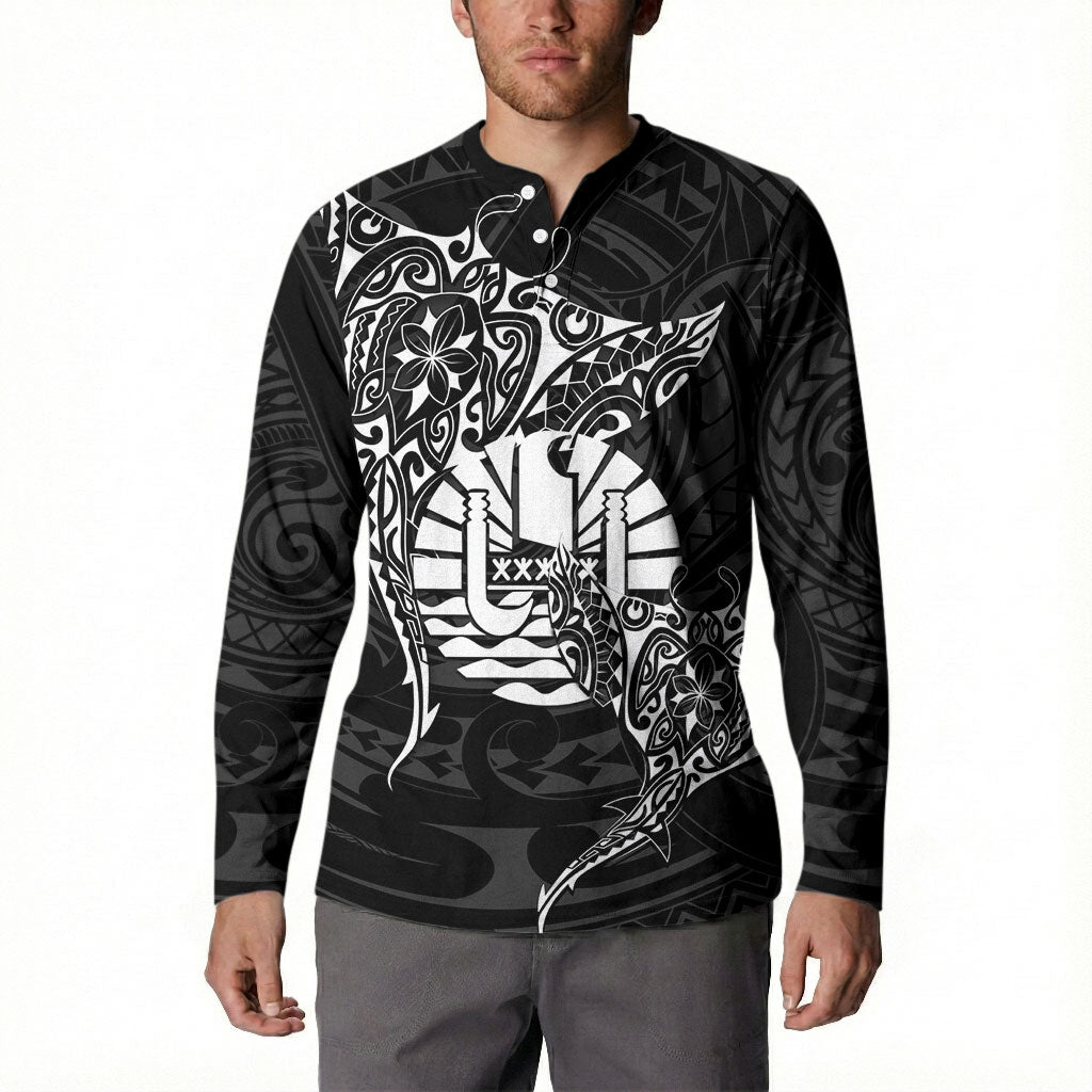 French Polynesia Manta Ray Tattoo Button Sweatshirt Tahiti Hahalua Turtle Shark Black Color LT14 - Polynesian Pride