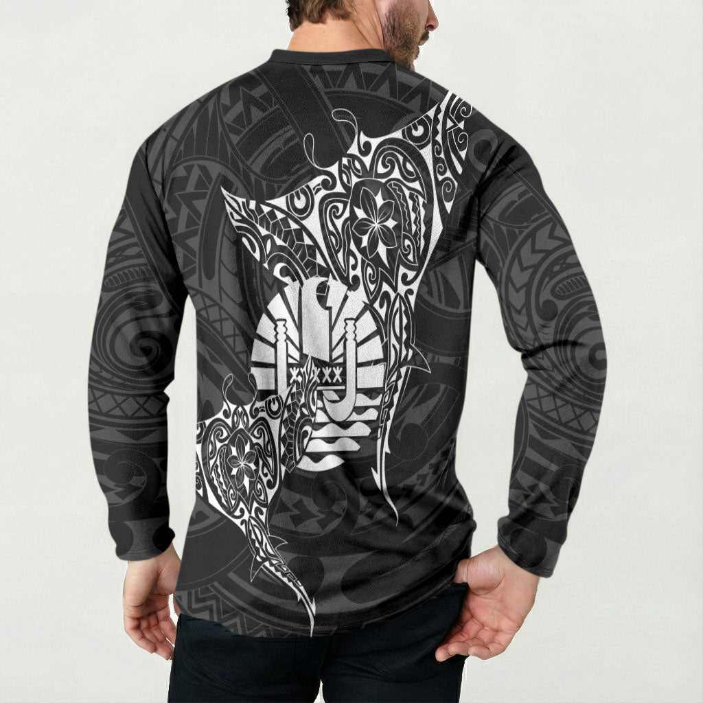 French Polynesia Manta Ray Tattoo Button Sweatshirt Tahiti Hahalua Turtle Shark Black Color LT14 - Polynesian Pride