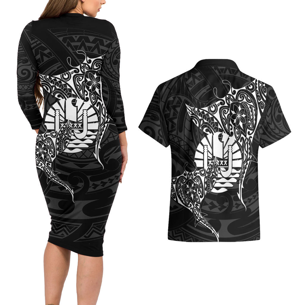 French Polynesia Manta Ray Tattoo Couples Matching Long Sleeve Bodycon Dress and Hawaiian Shirt Tahiti Hahalua Turtle Shark Black Color