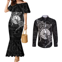 French Polynesia Manta Ray Tattoo Couples Matching Mermaid Dress and Long Sleeve Button Shirt Tahiti Hahalua Turtle Shark Black Color
