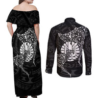 French Polynesia Manta Ray Tattoo Couples Matching Off Shoulder Maxi Dress and Long Sleeve Button Shirt Tahiti Hahalua Turtle Shark Black Color