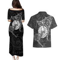 French Polynesia Manta Ray Tattoo Couples Matching Puletasi and Hawaiian Shirt Tahiti Hahalua Turtle Shark Black Color
