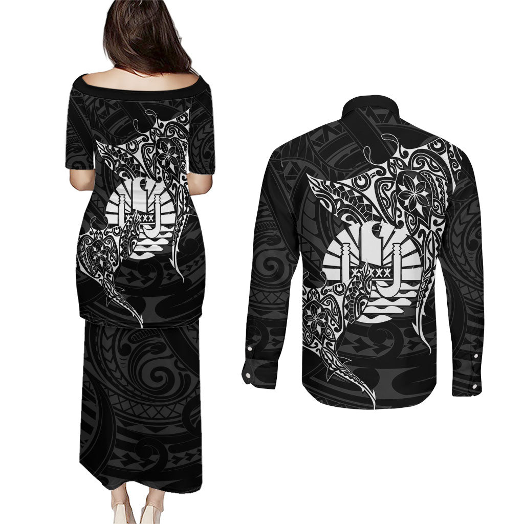 French Polynesia Manta Ray Tattoo Couples Matching Puletasi and Long Sleeve Button Shirt Tahiti Hahalua Turtle Shark Black Color