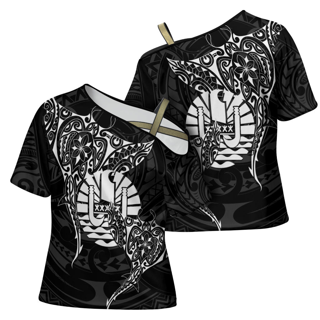 French Polynesia Manta Ray Tattoo Cross Shoulder Shirt Tahiti Hahalua Turtle Shark Black Color LT14 - Polynesian Pride