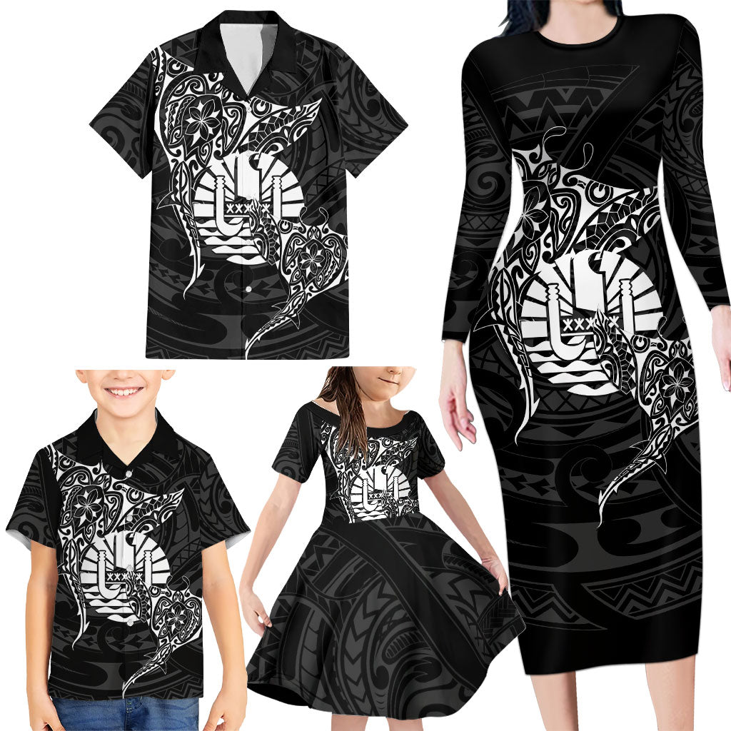 French Polynesia Manta Ray Tattoo Family Matching Long Sleeve Bodycon Dress and Hawaiian Shirt Tahiti Hahalua Turtle Shark Black Color